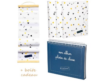 Coffret cadeau enfant pour conserver les souvenirs : toise, album photos de classe et 3 pochettes cartonnées déco scandinave