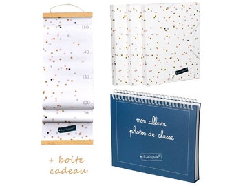 Coffret cadeau enfant pour conserver les souvenirs : toise, album photos de classe et 3 pochettes cartonnées déco pois roses