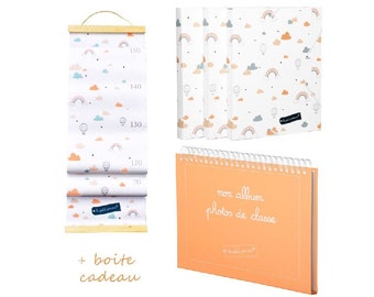 Coffret cadeau enfant pour conserver les souvenirs : toise, album photos de classe et 3 pochettes cartonnées déco nuages