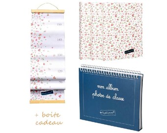 Coffret cadeau enfant pour conserver les souvenirs : toise, album photos de classe et 3 pochettes cartonnées déco fleurie