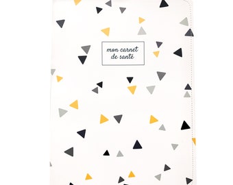 Protège carnet de santé enfant et bébé, housse à rabats imperméable et design, motif triangles jaunes et gris