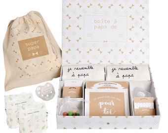 Boite à Papa de jumeaux avec ses cadeaux : idée cadeau pour papa de jumeaux avec les cadeaux bébé en double