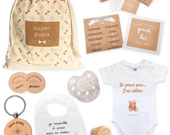 Kit papa maternité, naissance, fête des pères : joli kit de survie papa avec des cadeaux tendres et utiles à offrir pour l'arrivée de bébé