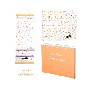 Coffret cadeau enfant pour conserver les souvenirs : toise, album photos de classe et 3 pochettes cartonnées déco blés
