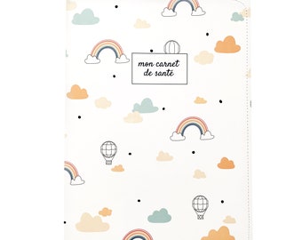 Protège carnet de santé enfant et bébé, housse à rabats imperméable et design, motif nuages et montgolfières