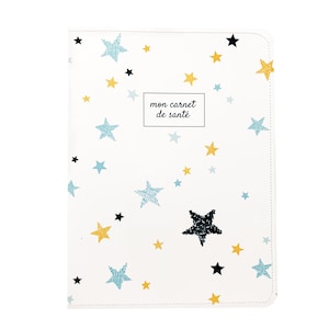 Protege el libro de salud del niño y el bebé, cubierta impermeable y con solapa de diseño, patrón de estrellas azules y amarillas.