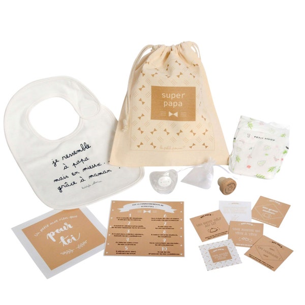 Kit papa maternité, naissance, fête des pères : joli kit de survie papa avec des cadeaux tendres et utiles à offrir pour l'arrivée de bébé