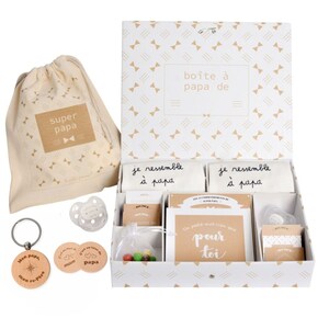 Boite à Papa de jumeaux avec ses cadeaux : idée cadeau pour papa de jumeaux avec les cadeaux bébé en double