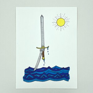 May include: A hand holding a sword with a golden hilt, dripping blue liquid, emerges from a blue and white wavy sea. A yellow sun with purple rays shines above.