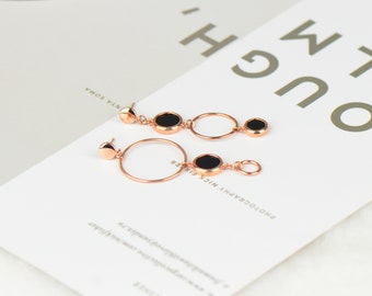 Birthday Gifts Asymmetric Earrings 3 Circles Earrings Three Hoop Drop Earrings Fashion Earrings Black Onyx Circles Silver Earrings