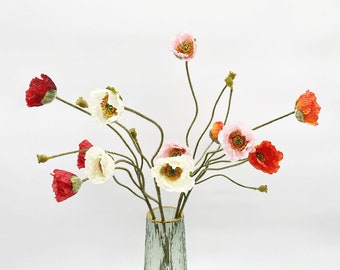 Fake Poppy Stems with Small Fruits, Silk Poppy Flowers, Rustic Wildflower Crafts, Artificial Flowers, Home Floral Decor, Wedding Arrangement