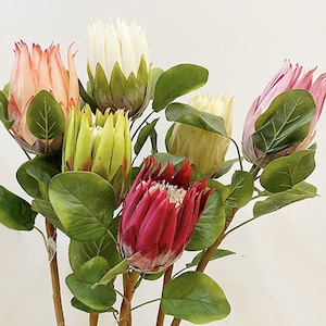 Artificial Protea Stem with Leaf, Quality Big Flower Head, Home Tropical Floral, Lounge Decoration, Wedding Bouquet, Party Plant Arrangement