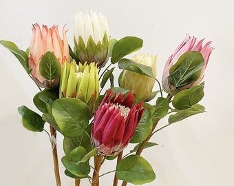 Artificial Protea Stem with Leaf, Quality Big Flower Head, Home Tropical Floral, Lounge Decoration, Wedding Bouquet, Party Plant Arrangement