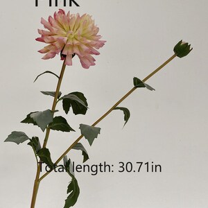 May include: A single pink and white artificial dahlia flower with green leaves and buds on a brown stem. Total length: 30.71 in.