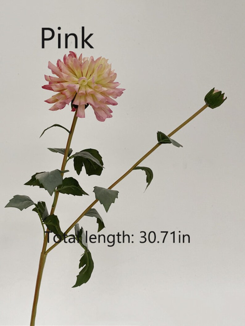 May include: A single pink and white artificial dahlia flower with green leaves and buds on a brown stem. Total length: 30.71 in.