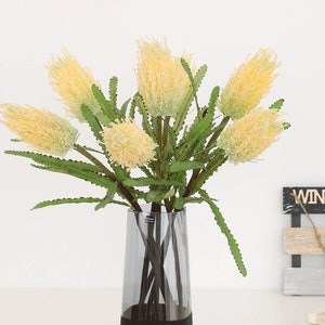 Fake Banksia Spray with Leaves, Artificial Flower Craft, Home Floral Decor, for Wedding Bouquet, Party Bloom Arrangement Centerpiece, Gift