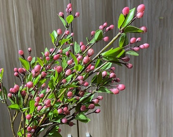 Peach Blossom Buds Branch With Leaves, Fake Praire Crabapple Flower Pods, Malus Ioensi Spray Crafts, Home Floral Decor, Wedding Arrangement
