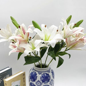 Fake Lily Spray with Bud, Artificial Flower Craft, Home Floral Decor, Wedding Party Bloom Arrangement Centerpiece,  for Bridal Bouquet, Gift