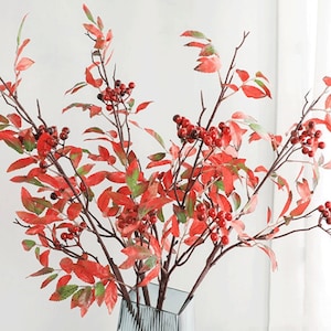 Fall Leaves Branch with Berry, Fake Small Fruit Sprig, Artificial Flower Craft, Bouquet Grass Filler, Home Floral Decor, Wedding Arrangement