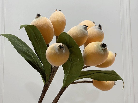 Realistic Loquat Fruit Branch with Leaves, Fake Berry Stem, Artificial Flower Craft, Rustic Floral Decor, Living Room Ornament, for Bouquet
