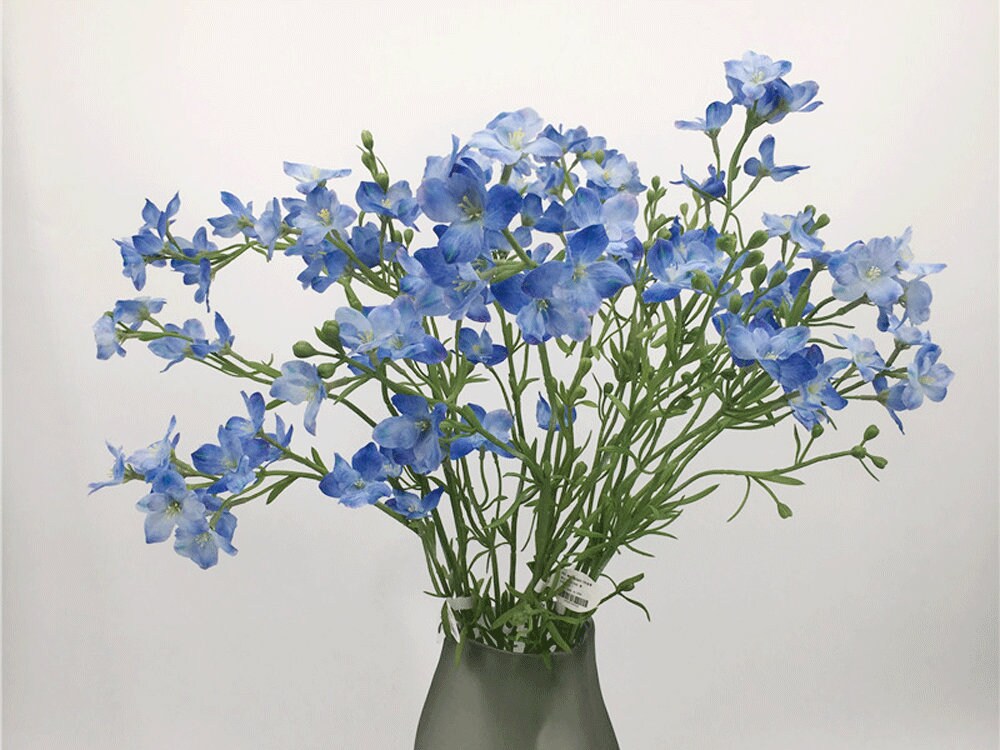 Delphinium Stem With Buds and Leaves, Artificial Consolida Bloom