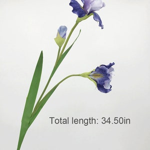 May include: A single stem of artificial purple iris flowers with green leaves. The stem is 34.50 inches long. Total length: 34.50in