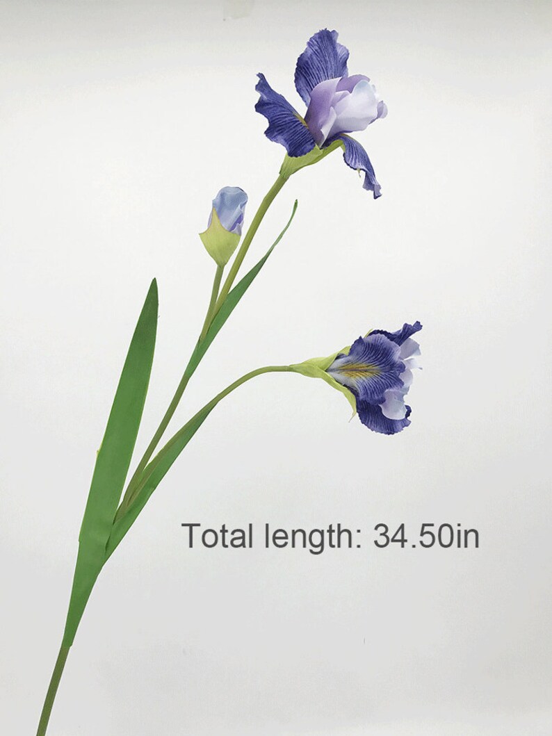 May include: A single stem of artificial purple iris flowers with green leaves. The stem is 34.50 inches long. Total length: 34.50in