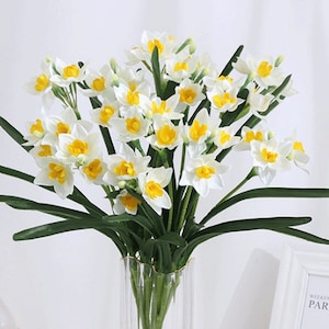 Daffodil Bouquet with Leaves, Fake Narcissus Bundle, Artificial Flower Crafts, Home Spring Floral Decor, Wedding Arrangement Centerpiece