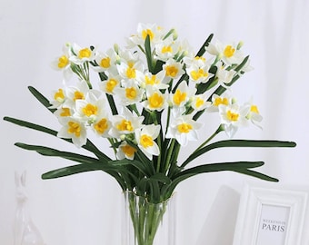 Narcisboeket met bladeren, nep narcisbundel, kunstmatige bloemambachten, home lente bloemendecor, bruiloft arrangement middelpunt