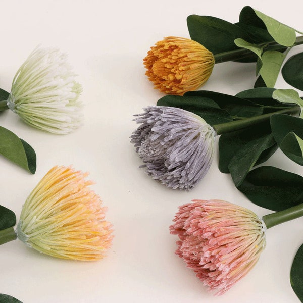 Pin Cushion Flower Stem with Foliage, Artificial Protea Spray, Home Floral Decor, Wedding Arrangement, For Bridal Bouquet, Party Centerpiece