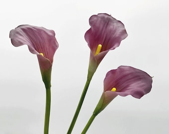 May include: Three purple calla lilies with yellow centers. The flowers are arranged in a bouquet and have long green stems.