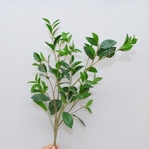 May include: A sprig of artificial greenery with multiple branches and vibrant green leaves. The leaves have a glossy texture, and the stems are a natural brown color. This faux plant is suitable for home decor.