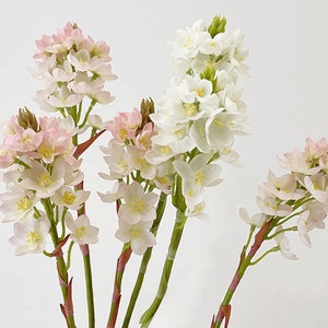 May include: A bouquet of artificial flowers with pink and white blossoms. The flowers have a delicate, clustered appearance and are arranged in a vase.