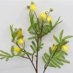 Fake Acacia Flower Branch with Leaves, Spring Mimosa Spray, Rustic Wildflower, Pompom Bloom Stem, Artificial Flower Craft, for Wedding Party