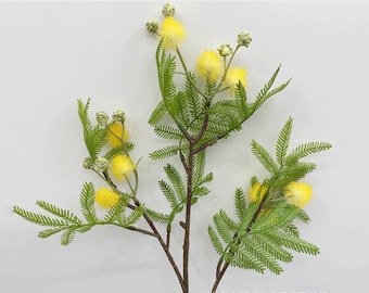 Fake Acacia Flower Branch with Leaves, Spring Mimosa Spray, Rustic Wildflower, Pompom Bloom Stem, Artificial Flower Craft, for Wedding Party