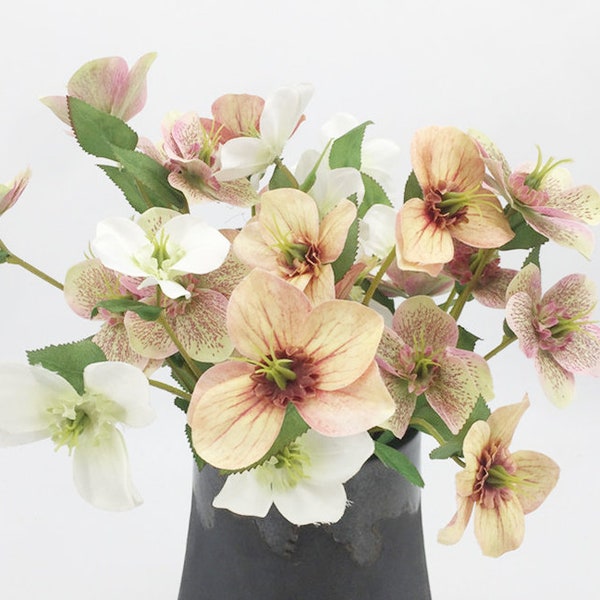 Lenten Rose Stem with Leaves, Fake Hellebores , Artificial Flower Craft, Rustic Wildflower, Home Party Floral Decor, for Wedding Bouquet