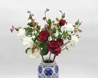 Tallo de rosa artificial con hojas y capullos, Rama de rosa falsa, Floral realista, Rosas decorativas, Decoración verde para el hogar, Relleno de ramo