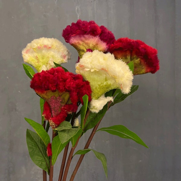 Artificial Cockscomb with Leaf, Realistic Celosia Cristata, Quality Home Flower, Rustic Spray Craft, Party Bouquet DIY, Wedding Arrangement