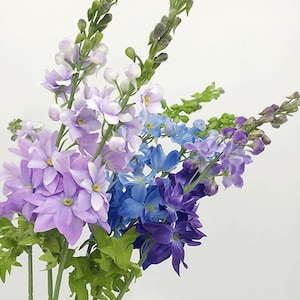 Quality Delphinium with Foliage, Artificial Individual Flower Stem with Bud, Home Party Floral Arrangement, Rustic Wildflower Bouquet Decor