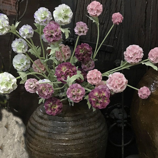 Scabiosa Drumstick Flower with Leaf, Artificial Starflower Stem, Quality Home Floral Decoration, Rustic Wildflower, Bridal Bouquet Material