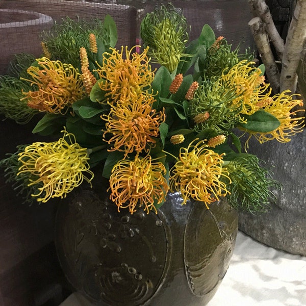 Pincushion Protea Artificial, Quality Leucospermum Flower Stem With Foliage, Wedding Bouquet DIY, Home Floral Decor, Indoor Tropical Plant