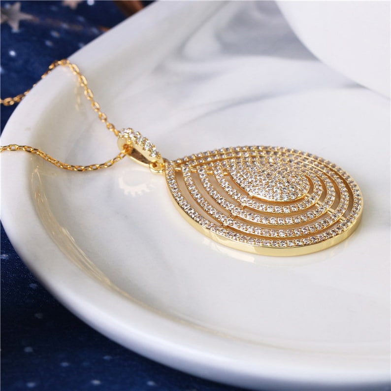 Exaggerated Drop Necklace Gold Zirconia Drop Pendant  Gold Plated Brass Chain Exquisite Party Necklace Unique Christmas Gift Birthday Gift