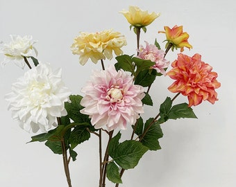 Real Touch Dahlia with Bud, Artificial Flower Stem, Home Quality Floral Decoration, Wedding Plant Arrangement, Bridal Bouquet Material Pick