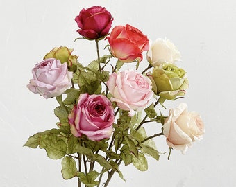 Tallo individual de rosa, flor artificial con follaje, floral vintage casero, material de ramo de novia, spray de mesa de comedor, regalo de floración realista