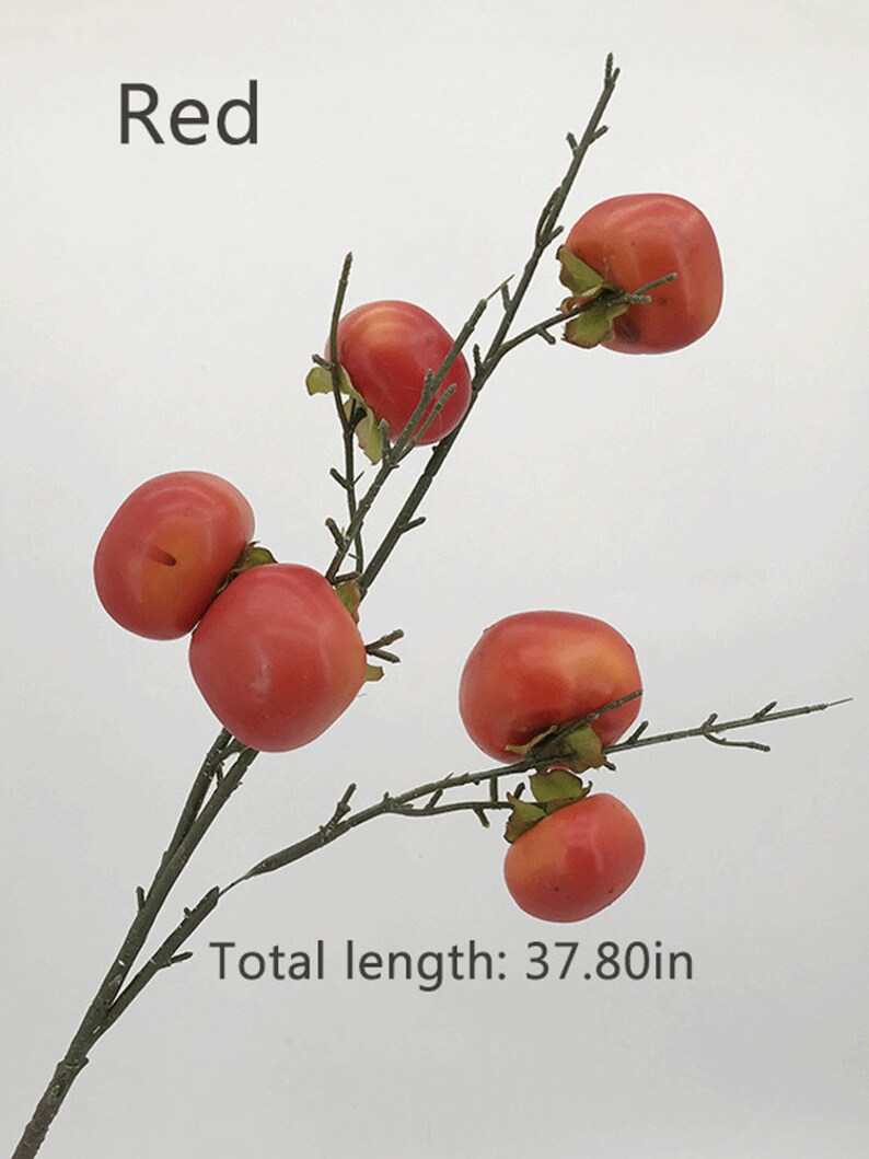 May include: A branch with six red artificial persimmons, with green leaves, and a total length of 37.80 inches. The text "Red" is at the top of the image.
