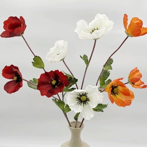 Poppy Flower Stem with Leaves Artificial, Realistic Spray Craft, Home Floral Decor, Wedding Party Arrangement, Art For Bouquet Garland Arch