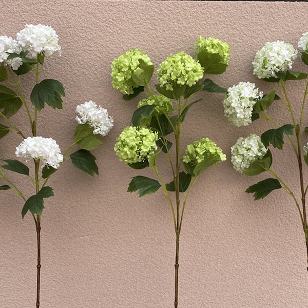 Artificial Snowball Viburnum Spray, Fake Hydrangea Stems with Leaves, Rustic Wildflower, Home Floral Decor, Wedding Bouquet Garland Filler