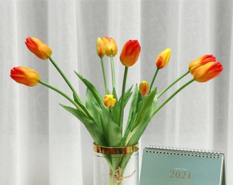 Quality Tulip Bouquet with Leaves, Artificial Flower Craft, Home Floral Decor, for Wedding Bridal, Party Arrangement, Table Centerpiece