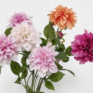 Artificial Dahlia Stem with Bud, Quality Flower and Leaf, Living Room Floral Decoration, Wedding Plant Arrangement, Bridal Bouquet Material