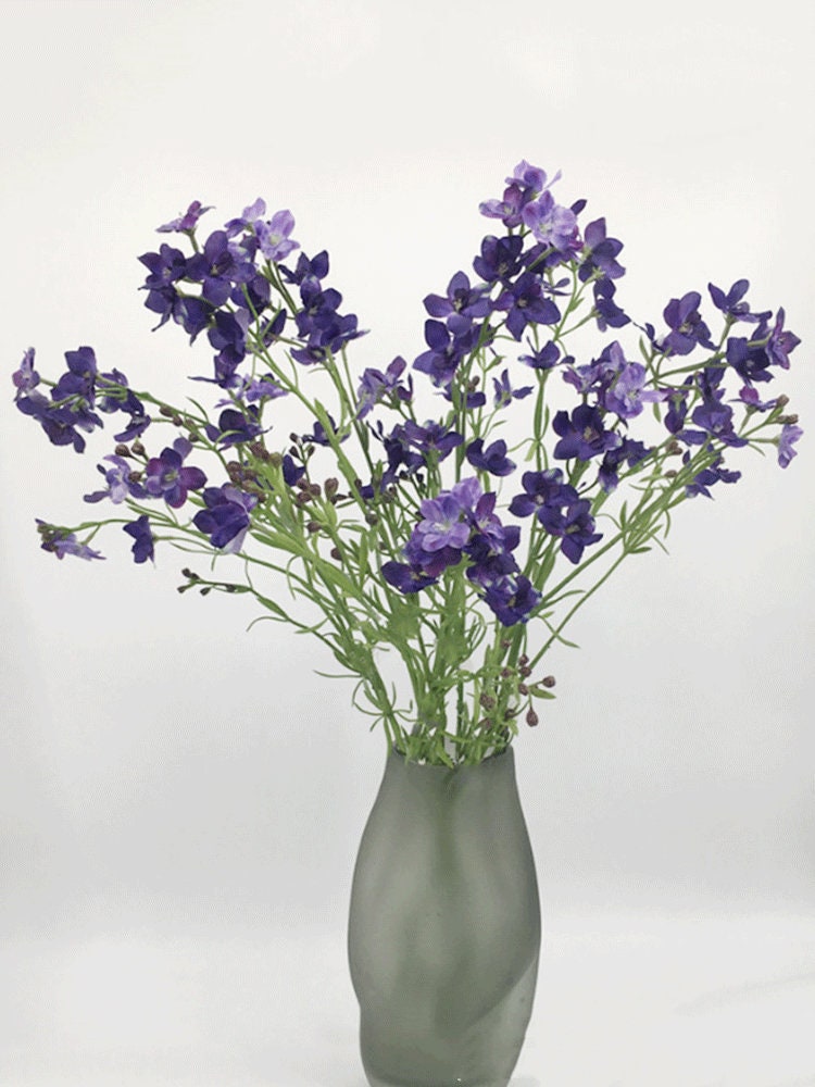Delphinium Stem With Buds and Leaves, Artificial Consolida Bloom